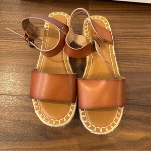 Brown Leather Sandals with Ankle Strap and Rope Textured Sides